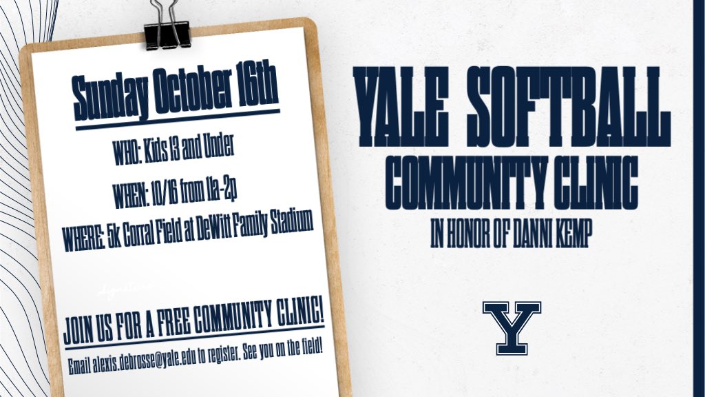 🚨FREE COMMUNITY CLINIC🚨

Sunday October 16th from 11a-2p we’ll be hosting a free community clinic at 5k Corral Field at DeWitt Family Stadium for kids 13 and under! All are welcome.

To register, email <a href="/Coach_Debrosse/">Lex Debrosse</a> at alexis.debrosse@yale.edu!

#ThisIsYale | #CommunityClinic