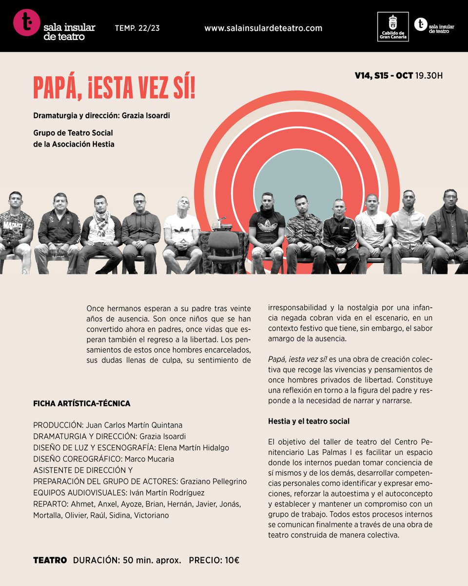El próximo viernes 14 y sábado 15 de octubre a las 19:30 hs. como Asociación Hestia representaremos la obra teatral "Papá esta vez sí" en la Sala Insular de Teatro (SIT) del Cabildo de Gran Canaria.
Las entradas están a la venta en salainsulardeteatro.com/evento-154-pap…