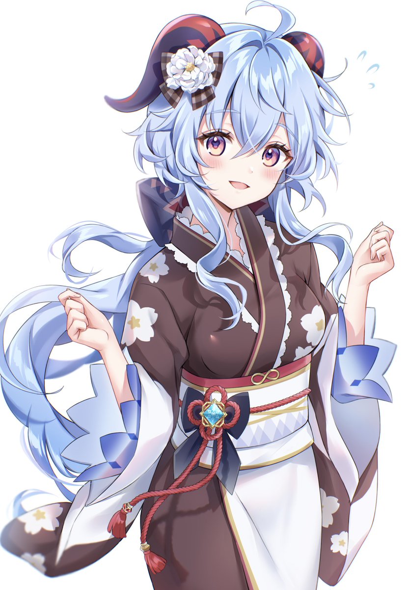 ganyu (genshin impact) 1girl horns solo blue hair japanese clothes long hair ahoge  illustration images