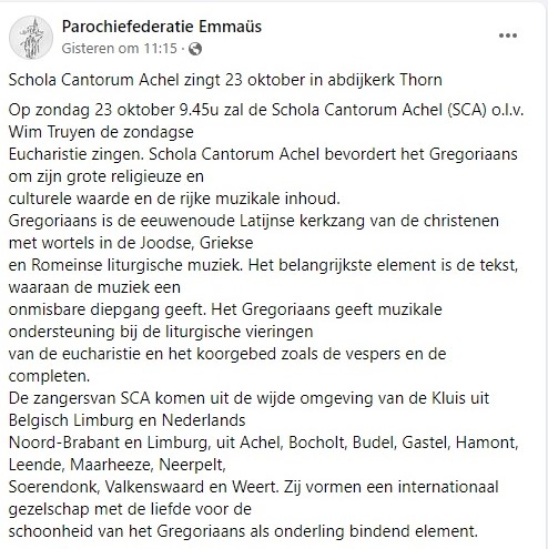 Van harte welkom: zondag 23 oktober a.s. om 9.45 uur in de Abdijkerk Thorn