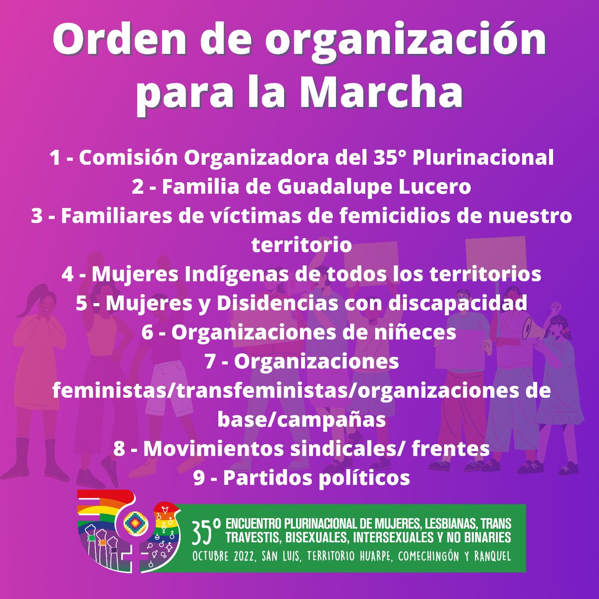 🌈Y se viene la marcha del #35EncuentroPlurinacional

Y a los fines de organizarnos,  compartimos la propuesta de la Comisión Organizadora del 35 Encuentro Plurinacional

🔥Nos cuidamos entre todas y todes.

#35EncuentroPluriDisidente
#TerritorioHuarpeComenchingonRanquel