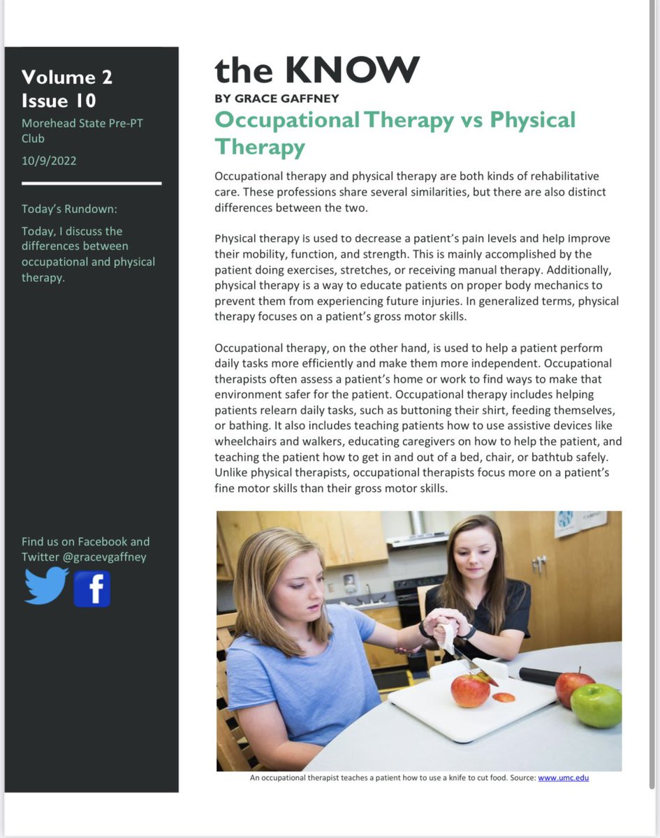 gracevgaffney's tweet photo. Today’s issue of the KNOW covers the difference between occupational therapy and physical therapy! #theknow #physicaltherapy https://t.co/JiPYYz6cGX