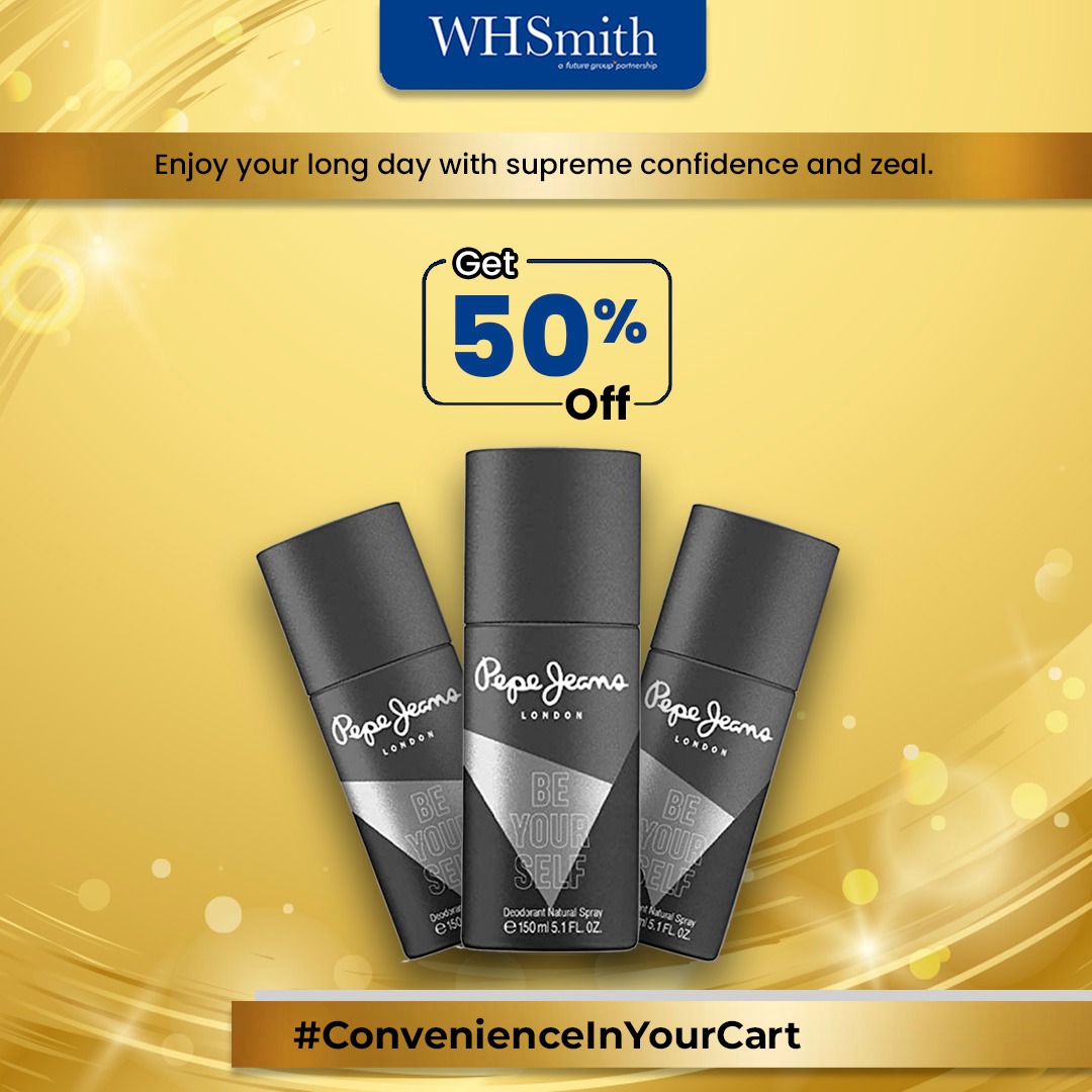 WHSmith_India's tweet photo. Enjoy your long day with supreme confidence and zeal with Pepe Jeans Deo.
Visit your nearby @WHSmith_India store to get 50% off on this product.
#pepejeans #deodorant #freshness #bodycare #bodyspray #bodysprayformen #WHSmithIndia https://t.co/bg1HhVGsW3