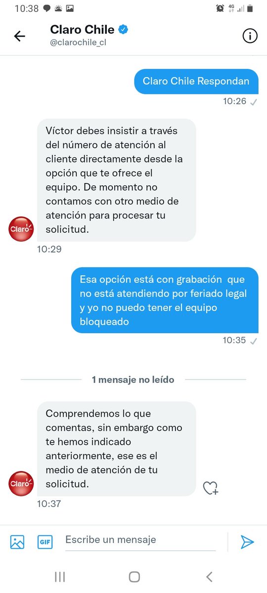 <a href="/SERNAC/">SERNAC</a> <a href="/Tranfugo/">Tranfugo ™</a> <a href="/dondato5/">#DonDato5CL</a> <a href="/DonDatosRT/">DonDatos RT DonDateador</a> <a href="/elita78sanchez/">#DoñaCuarentonaEnCuarentena</a> está es una mala atención señores de <a href="/clarochile_cl/">Claro Chile</a> me tienen un equipo bloqueado por deuda, cosa que ustedes reconocen que no es así y me derivan a una plataforma que atiende de lunes a viernes