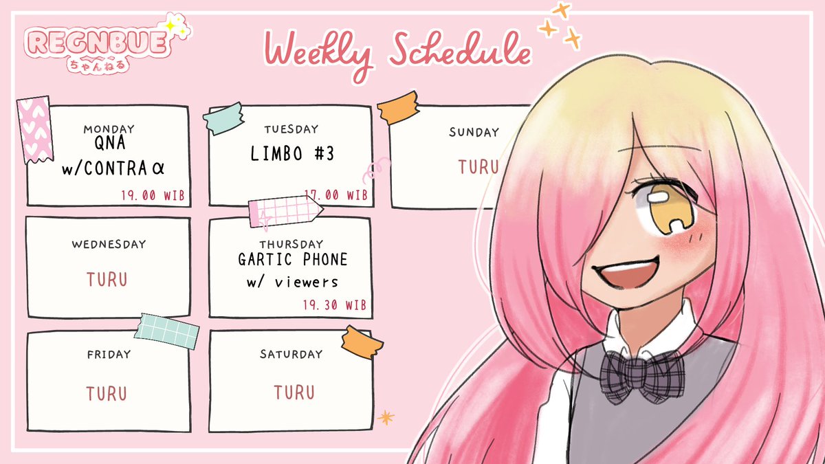 RegnbueGacha's tweet photo. 【Lembu's Weekly Schedule】

Fanname : Lembiru
Fanmarks : 🐑🌈
Hastags : 
General - #RegnbueGacha
Live - #RegnChan_Live​​​​​​ 
Fanart - #LemArt
Memes - #BogyMeme

YT : https://t.co/gZajEthtM3
#VtuberID https://t.co/2I0GxRzhdD