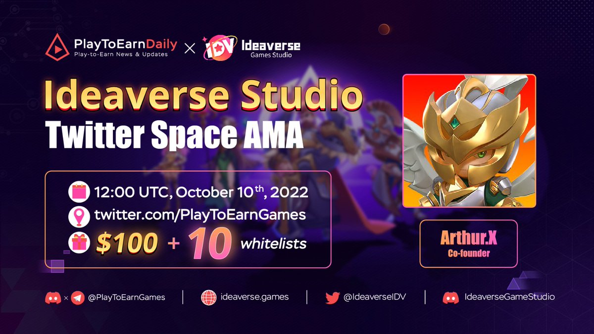 We’re excited to announce that we’ll be hosting an AMA with <a href="/IdeaverseIDV/">Ideaverse Games Studio</a>

❓ AMA type: Twitter Space

🗓️ Date: October 10th at 12PM UTC

📍 Venue: x.com/i/spaces/1djGX…

💰 Prize Pool: $100

👉 How to win prizes?
1️⃣ Join Ideaverse’s socials
2️⃣ Ask questions in the space!