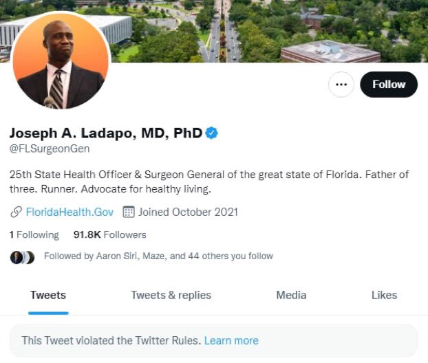 NEW: Twitter has REMOVED  <a href="/FLSurgeonGen/">Joseph A. Ladapo, MD, PhD</a> Joseph Ladapo’s tweet announcing how a study into the covid mRNA vaccine found an 84% increase in cardiac-related deaths for men ages 18-39
