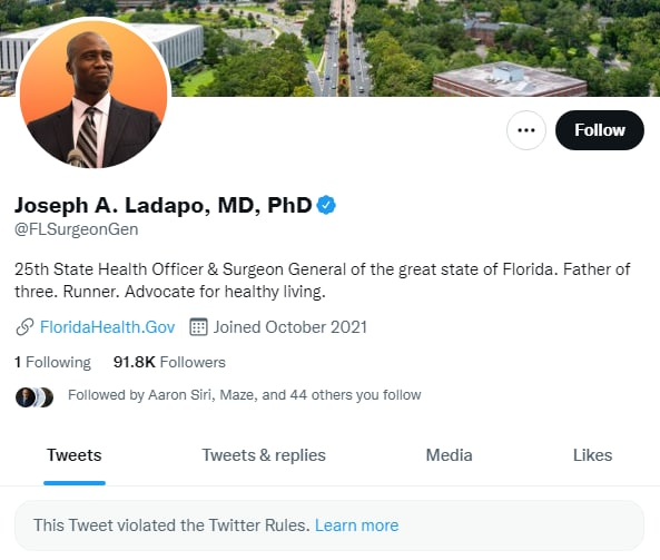 disclosetv's tweet photo. JUST IN - Twitter has removed a tweet from Florida Surgeon General Dr. Joseph Ladapo about mRNA vaccines for violating the platform's rules. https://t.co/djrVvAjbtZ