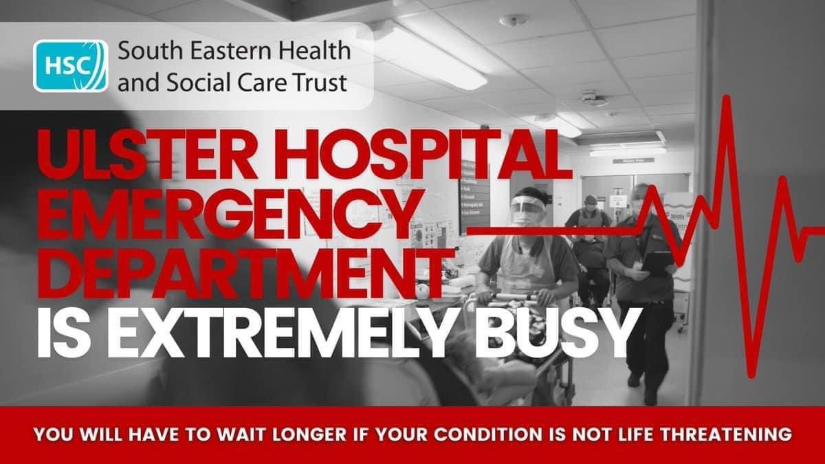 The Ulster Hospital Emergency Department is under EXTREME PRESSURE.

There are 111 patients in our department, 59 awaiting admission.

Seriously ill patients will be seen first.

For more info on where to get the right help, first time click here 👇

setrust.hscni.net/our-hospitals/…