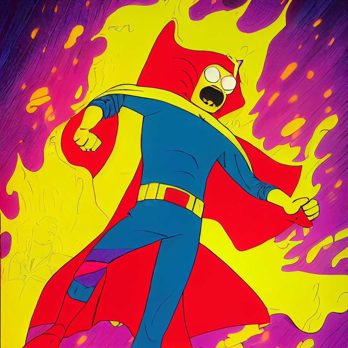 JMBlum2's tweet image. #AIArtwork entry for the @PromptHouseXYZ #Comics: #Superheroes challenge 
: "Oh yeah!" on #PromptHouse (prompthouse.xyz/event-details?…). Made with #midjourneyAi. #aiart #aiartcommunity