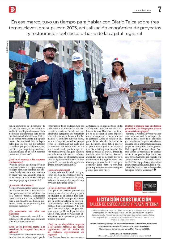 ServiuMaule's tweet photo. "La solución de fondo es producir más viviendas para comprar y arrendar", señaló ministro @carlosmontestwt en extensa entrevista para @DiarioTalca https://t.co/3fwB5xnc2C
