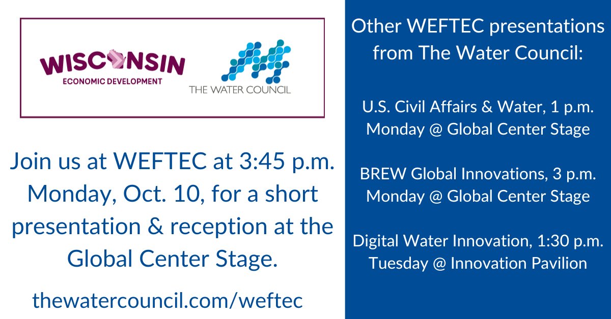 Water community, we can’t wait to see you tomorrow at <a href="/WEFTEC/">WEFTEC</a>! We are sponsoring the Global Center Stage with <a href="/WEDCNews/">WEDCNews</a>. Check out our reception starting at 3:45 p.m. Check our graphic below or visit thewatercouncil.com/weftec to see our full speaking schedule. #WEFTEC