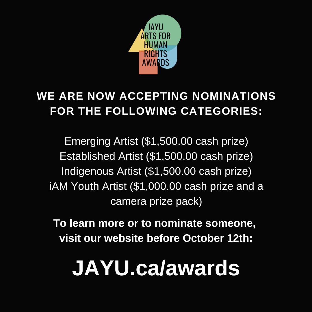 JayuCanada's tweet photo. THREE DAYS left to nominate an inspiring artist or yourself for JAYU's Arts For Human Rights Awards! Do you know an artist who is creating exceptional work? We invite you to nominate an artist or even yourself for one the Arts for Human Rights Awards! #JAYUCanada https://t.co/ynrxr0yYae