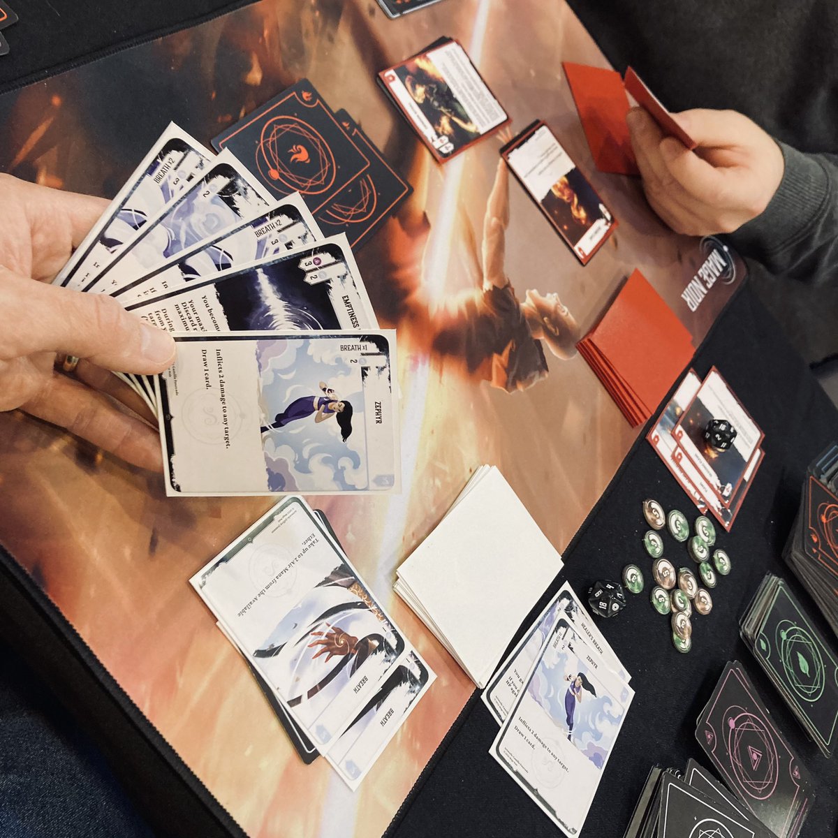 Played <a href="/MageN0ir/">Mage Noir</a> by Double Combo at #SPIEL22 today, a smart deck-building card game of duelling mages (with a shared mana pool!). Good stuff! #boardgames
