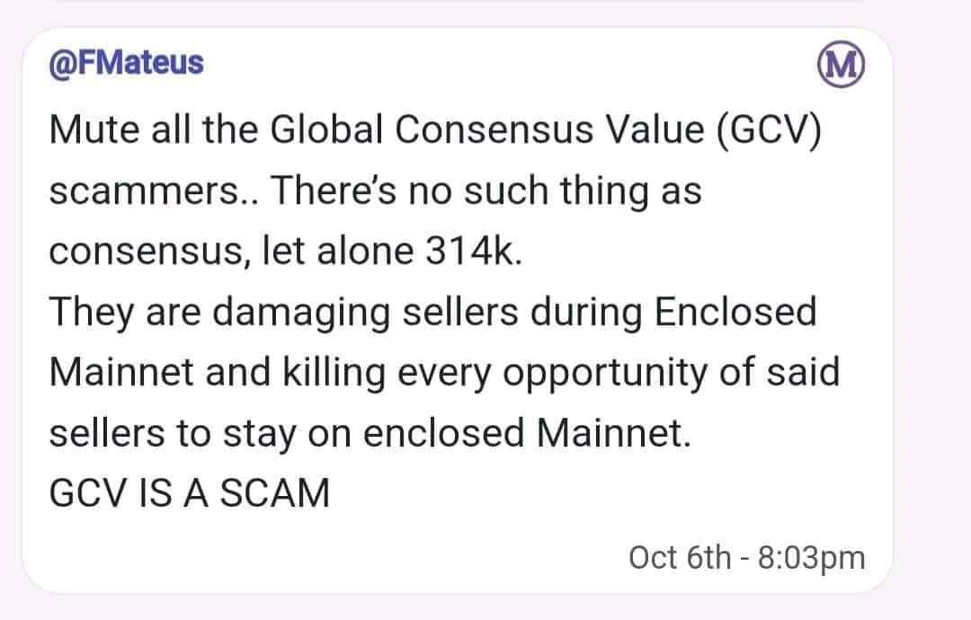 Chard4774's tweet photo. Finally pi moderators have said that there was no such thing as GCV

Before enclosed mainnet we warned that it would be impossible, during enclosed mainnet we saw that it was absolutely absurd

There is no such thing as GCV. 1 Pi is not $314,159. Don't listen to the scammers.
#Pi https://t.co/YdSs5Xm8Gd
