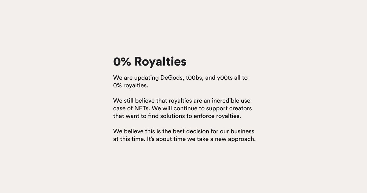 0% Royalties! From the team who brought you 33% royalties! From the team who brought you months of bitching at Yawww! From the team who just launched an unfinished 15k collection over a month early bc they realized it was now-or- never to royalty farm on those 💀