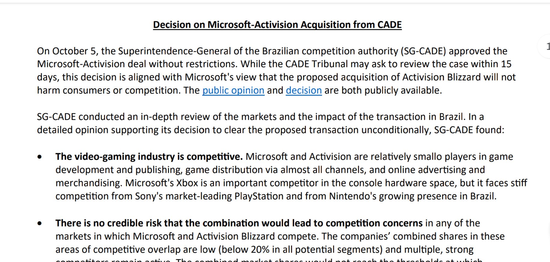 Pastor Xbox 🙏🏽💚 on X: Microsoft Responde Aprovação da Activision  Blizzard pelo CADE 🇧🇷 A decisão do SG-CADE está alinhada com a visão de  que a proposta de Aquisição da Activision Blizzard