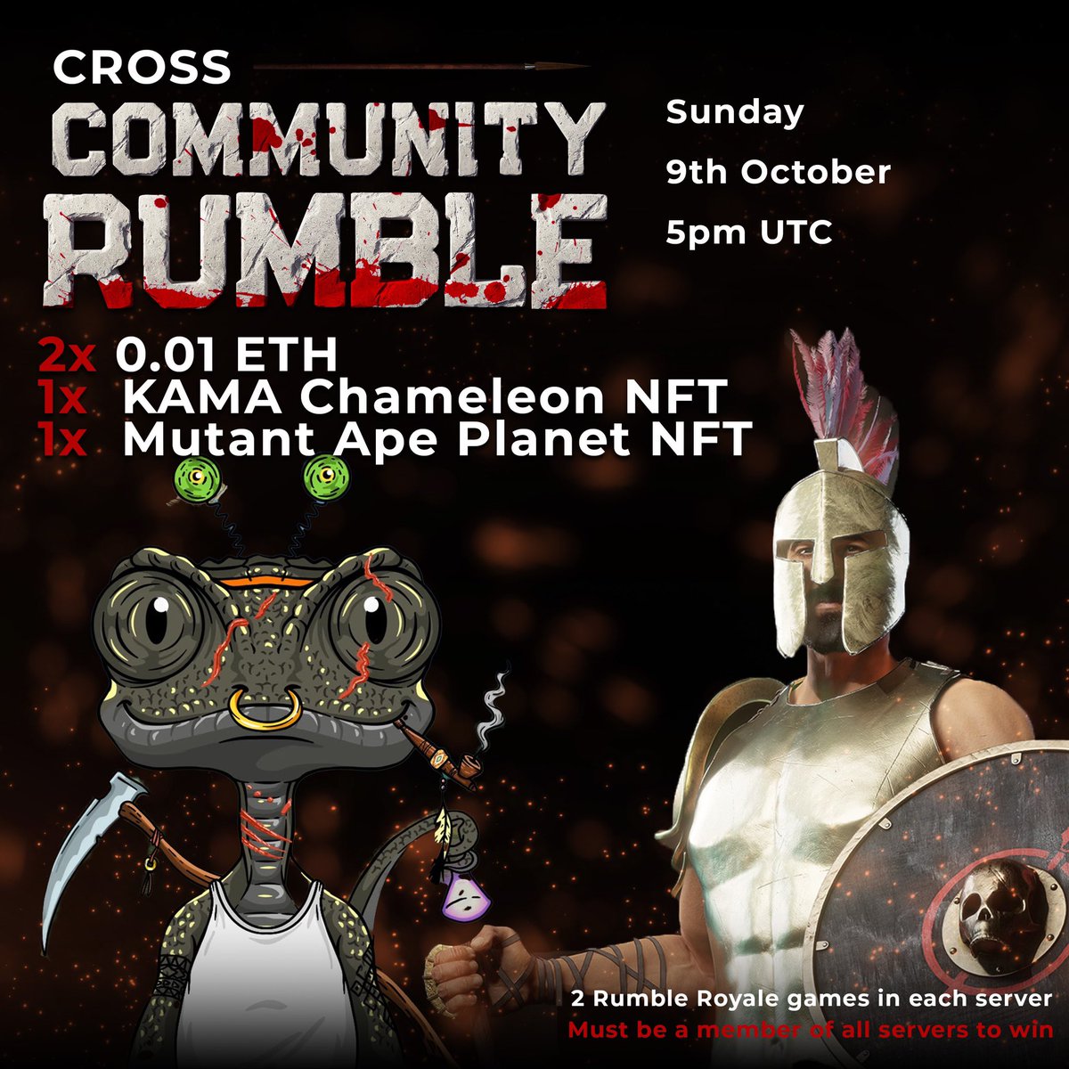Tonight we are playing a cross community rumble , WITH… 
Sons of Mars

Ther prizes are:
Round 1 : 0.01 ETH! 
Round 2 : a Mutant Ape Planet (MAP) NFT

Then we head over to Sons of Mars to finish of the night

discord.gg/strwRCVqyQ

Round 3 : 0.01 ETH
Round 4 : a KAMA NFT