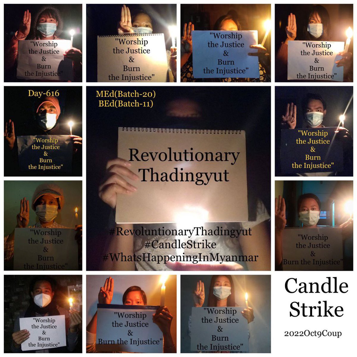 riri6160's tweet photo. 12 CDMer teachers, BEd [Batch-11] and MEd [Batch-20], from Sagaing University of Education staged a #CandleStrike to protest against the military dictatorship on the fullmoon day of Thadingyut.  #2022Oct9Coup #RevoluntionaryThadingyut #WhatsHappeningInMyanmar https://t.co/64gKBY31ID