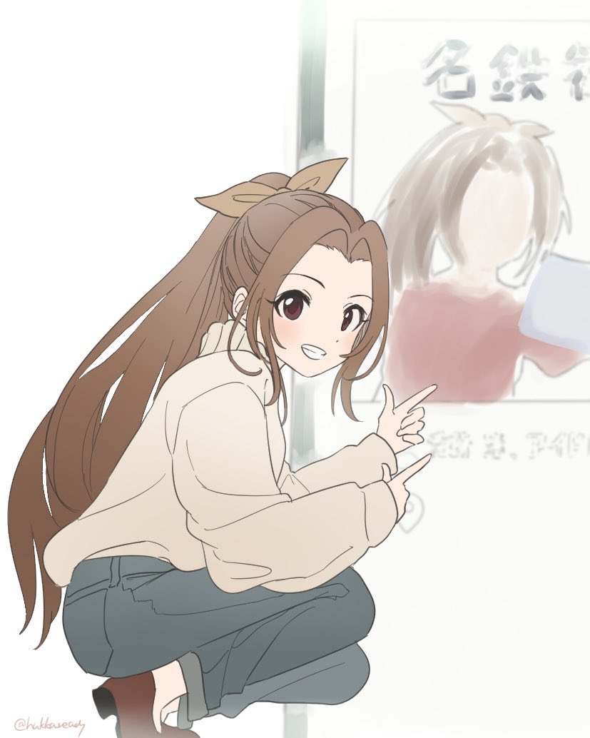 1girl brown hair solo squatting smile long hair pants  illustration images