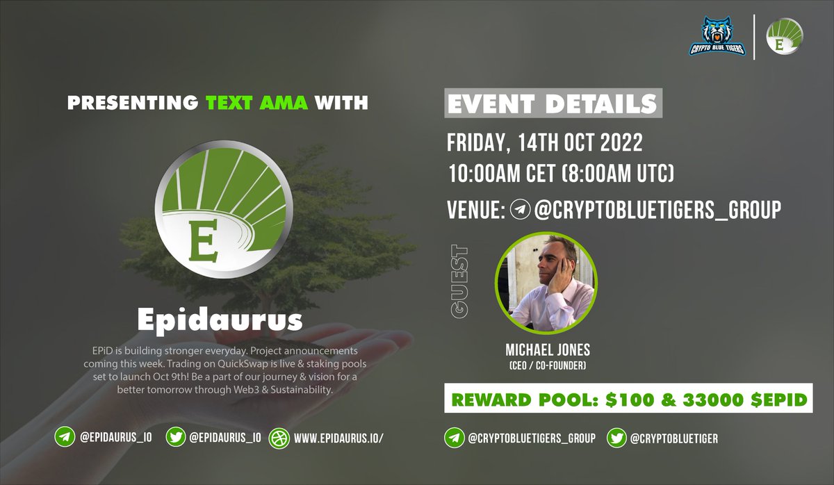 cryptobluetiger's tweet photo. 🔊#TEXT AMA Crypto Blue Tigers Glad To Announce AMA with  Epidaurus

🎁 Reward Pool : $100 &amp; 33000 $EPID
📅 October 14h, 8:00 AM UTC
🏠 Venue TG: https://t.co/GLlzRLoFId

〽️Rules:
1️⃣Follow  @cryptobluetiger &amp; @Epidaurus_io
2️⃣Like &amp; Retweet
3️⃣Comment Questions &amp; Tag 3 Friends https://t.co/HbFTKlkhW5