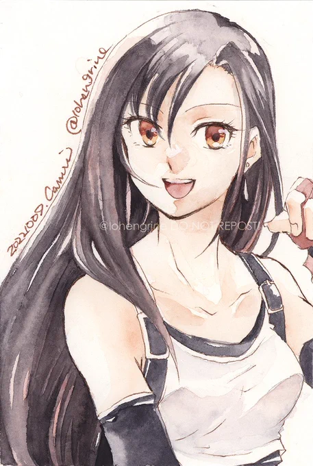  ティファ(7)エアリスを描いたならティファも描かねばなるまい、と思うなどでもちょっと汚くなってしまったのでこれはリベンジ案件かな……… ('Д⊂ヽ透明水彩・コピックマルチライナーハーネミューレ バンブーPC#inktober #inktober2022 #透明水彩 
