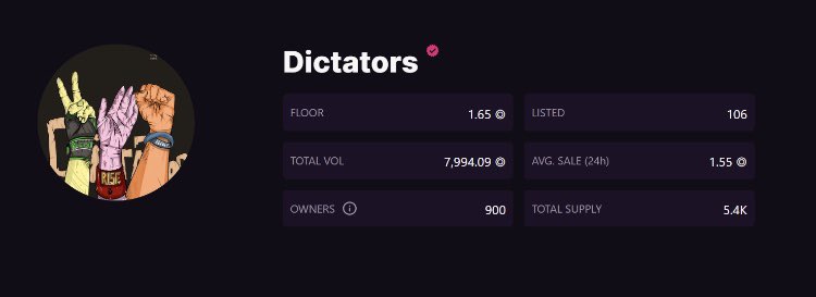 Lemmeholdsum's tweet photo. I love the @DictatorsNFT_
I minted 36 at 0.1 $SOL
Strong community.
BEST play 2022
@laputeen π
Thanks to @MagicEden for throwing a badge on @DictatorsNFT_
#NUKE #NUKEPAD #NUKEPROTOCOL #grandrising #Solana #SolNFTs
#PoPintegration #WAGMI #newregime https://t.co/TjvNjuVfFf