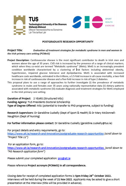 Geraldine Cuskelly (@gcuskellyphd) on Twitter photo Delighted to announce a 2-yr funded MSc opportunity starting in February 2023 in an exciting collaboration between @SHEResearch_TUS & <a href="/NursingTUS/">TUS Nursing & Healthcare</a> on diet and metabolic syndrome. <a href="/DSH_TUS/">Sport and Health Sciences, TUS MMW</a> Apply by 28 Oct, all the details @ tinyurl.com/2j3ad6mh Delighted to announce a 2-yr funded MSc opportunity starting in February 2023 in an exciting collaboration between @SHEResearch_TUS & <a href="/NursingTUS/">TUS Nursing & Healthcare</a> on diet and metabolic syndrome. <a href="/DSH_TUS/">Sport and Health Sciences, TUS MMW</a> Apply by 28 Oct, all the details @ tinyurl.com/2j3ad6mh