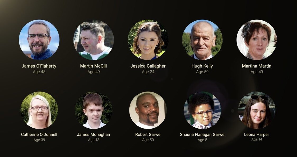 ian_graham1's tweet photo. Thoughts & Prayers for the 10 victims of the #Creeslough #donegalexplosion
James O'Flaherty 48
Jessica Gallagher 24
Martin McGill 49
Catherine O'Donnell, 39 & son James Monaghan 13
Hugh Kelly 59
Martina Martin 49
Robert Garwe 50 & daughter Shauna Flanagan Garwe 5
Leona Harper 14 https://t.co/UgcR2j1jza