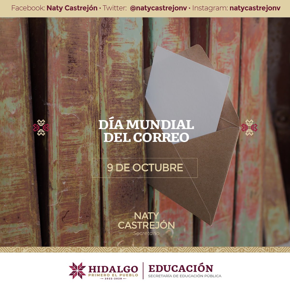 Hoy en el #DíaMundialdelCorreo sigamos impulsando acciones  para mejorar los servicios y las conexiones que se hacen posible gracias al correo postal de todo el mundo. 
#NatyCastrejón