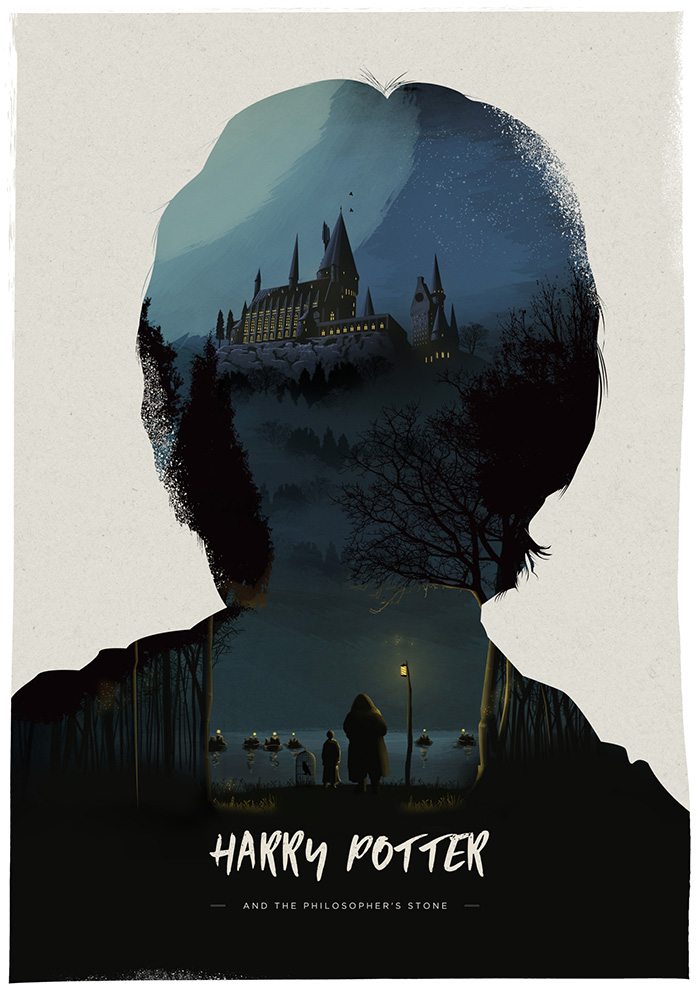 Pequeño hilo con posters alternativos de las películas de Harry Potter creados por el ilustrador Simon Fairhurst.

1. Harry Potter y la Piedra Filosofal