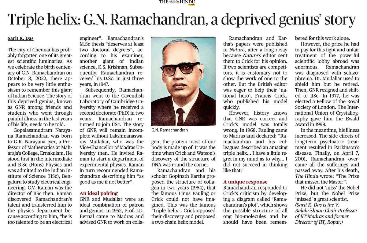 Prof. Sarit K Das, Former Director, IIT Ropar writes: "Triple helix: G.N. Ramachandran, a deprived genius' story"
Courtesy: The Hindu