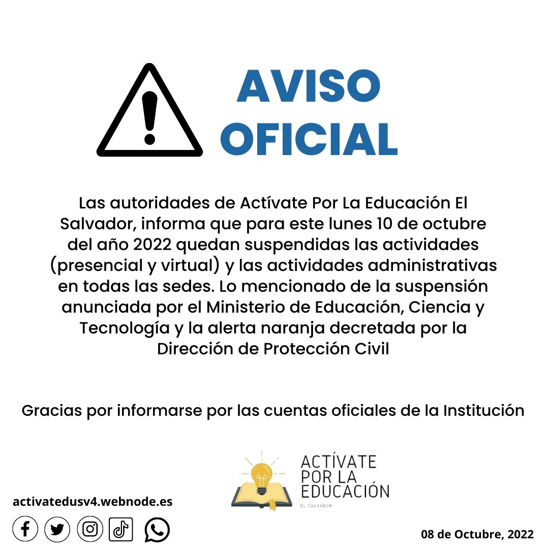 activatedusv's tweet photo. ⚠️⚠️Aviso Oficial⚠️⚠️
Suspensión de actividades académicas (virtuales y presenciales) y actividades administrativas en todas las sedes. https://t.co/HKT04U5pk2
