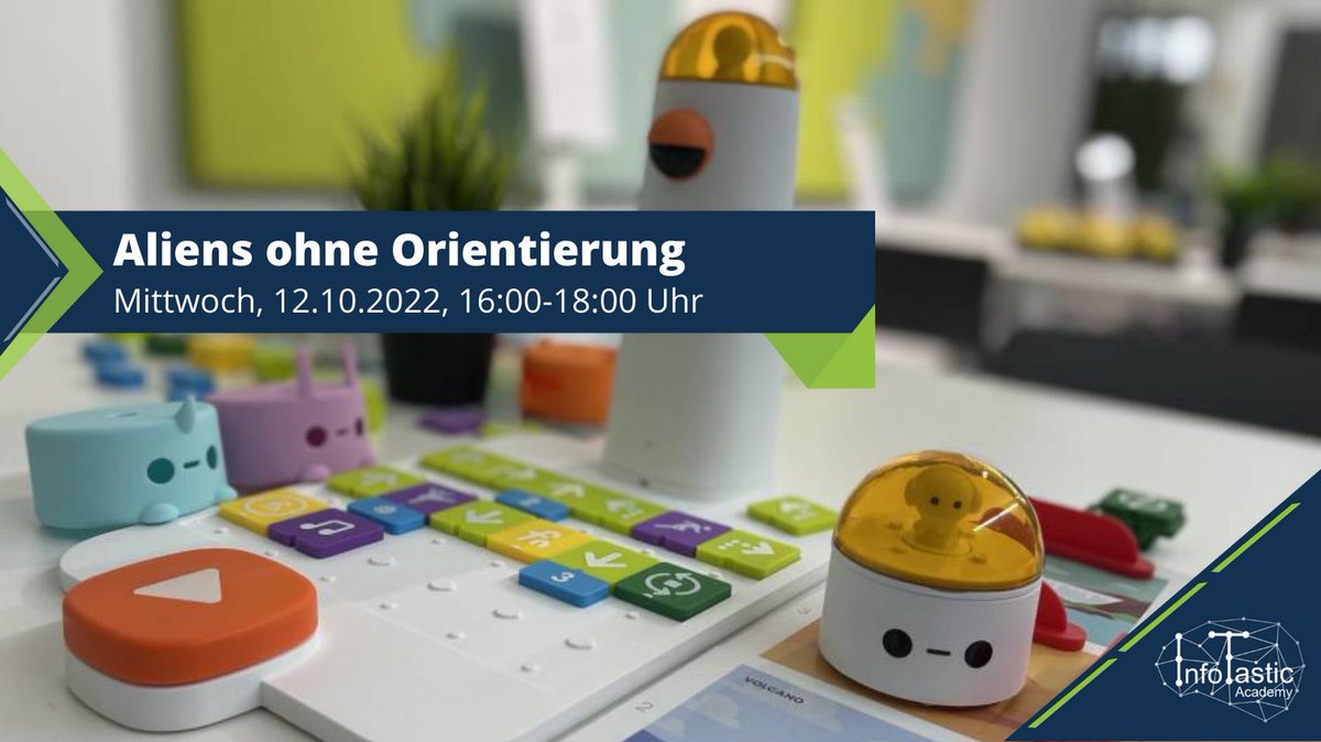Die Aliens, die bei #InfoTastic wohnen, sind zwar niedlich, haben dafür aber keinen Orientierungssinn. Hilf dem Raumschiff die Erde zu erkunden und meistere schwierige Rätsel und Hindernisse. Der Workshop eignet sich für Kinder, Jugendliche und Lehrer.

infotastic.academy/aliens-ohne-or…