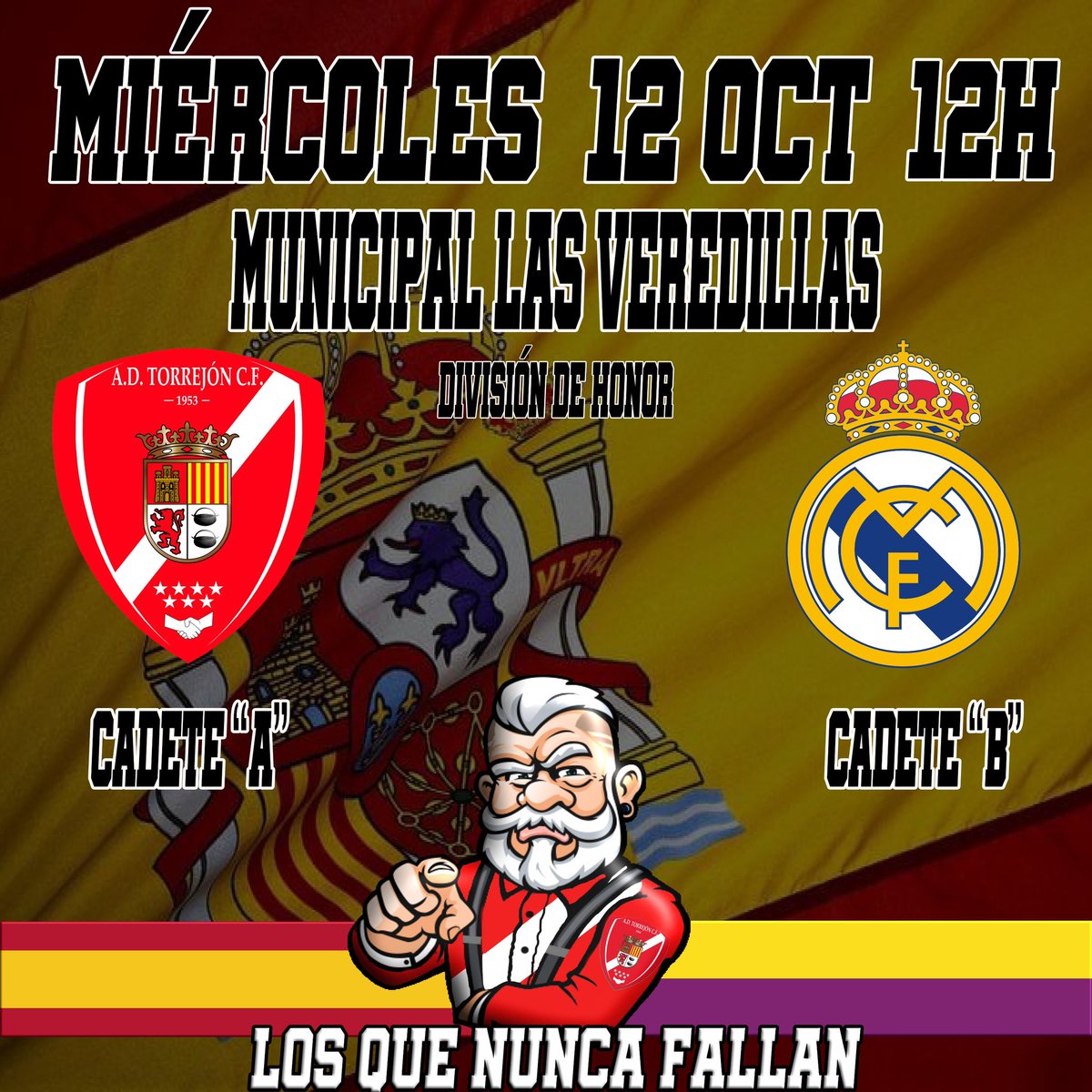 Este miércoles 12 día de Fiesta Nacional a las 12h nos visita el Cadete B de <a href="/lafabricacrm/">Cantera Real Madrid</a> (3º) enfrentándose a nuestro Cadete A (1º) ambos equipos invictos en el partido adelantado de la 5ª jornada ( Div. De Honor grupo 1) <a href="/ContigoTorrejon/">SiempreContigoTorrejón</a>