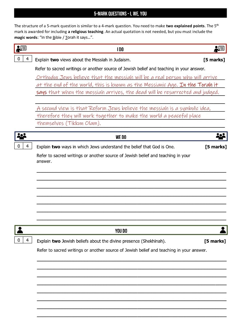 So many of my students lack confidence when it comes to exam questions. I have gone back to basics and created an - I, We, You - booklet on each type of AQA GCSE RS question. We discuss the example, write one together on the visualiser, and then students independently answer.
