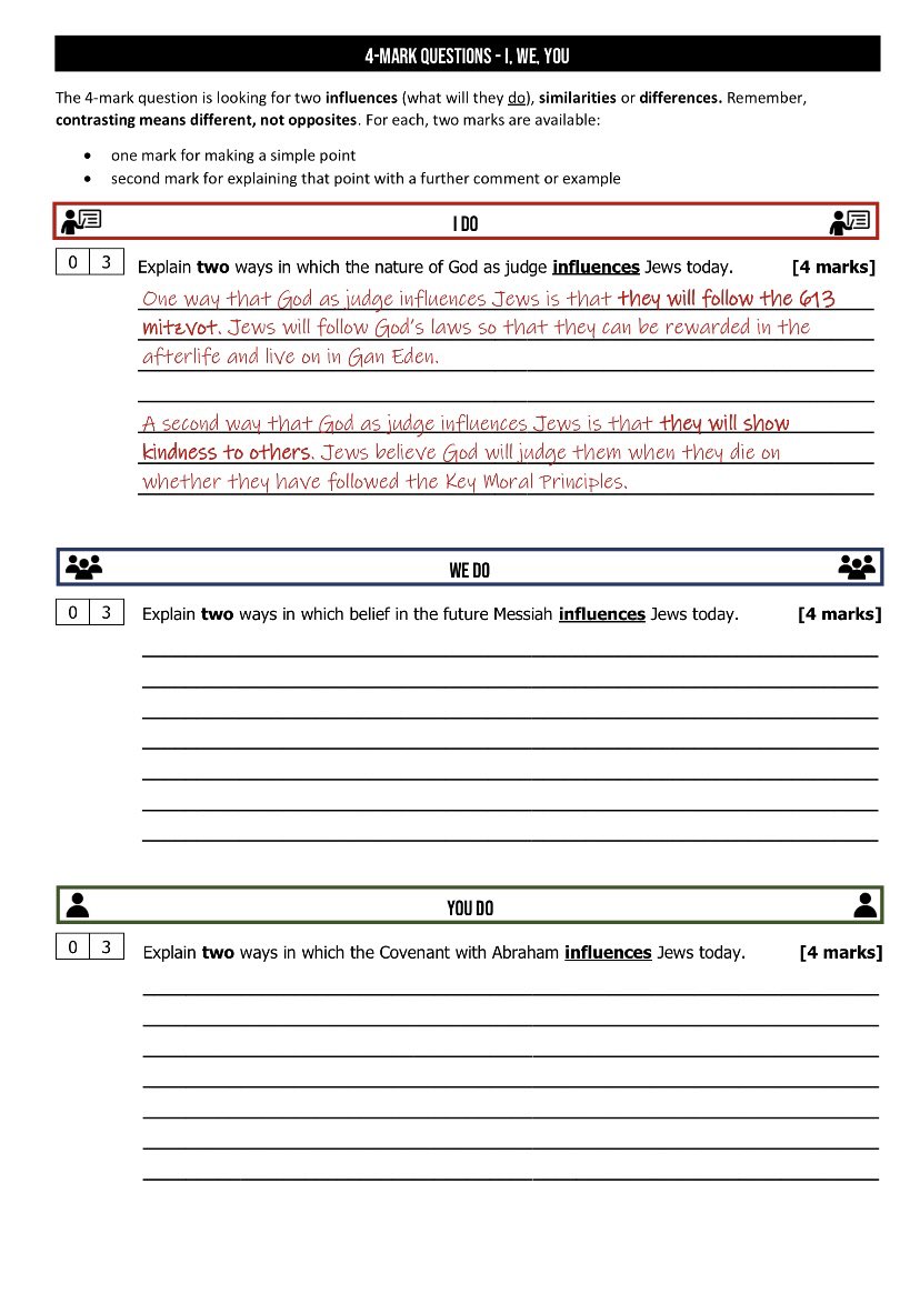 MissBaggaleyRE's tweet photo. So many of my students lack confidence when it comes to exam questions. I have gone back to basics and created an - I, We, You - booklet on each type of AQA GCSE RS question. We discuss the example, write one together on the visualiser, and then students independently answer. https://t.co/o9doWXXKGw