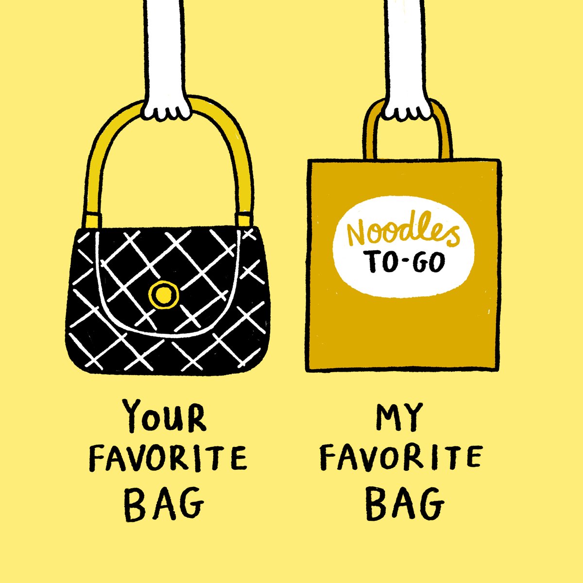 OOTD: oodle of the day🍜 Nothing makes us respect an outfit more than someone holding a takeout bag from your local noodle shop. Stay tuned for more comics from @GemmaCorrell, @ChowNow's featured artist of the month! #BiteSizedNuggets #ChowNow #NationalHandbagDay