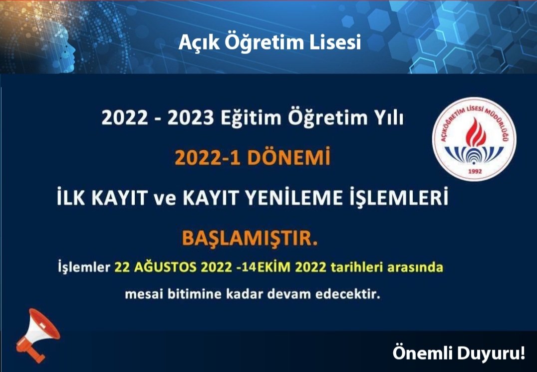 Açıköğretim Lise ve Ortaokul kayıtları 14 Ekim Cuma günü mesai bitimine kadar uzatılmıştır.
@hbogm 
<a href="/DogansehirMem/">Doğanşehir İlçe Milli Eğitim Müdürlüğü</a> 
<a href="/DogansehirBelTr/">Doğanşehir Belediyesi</a> 
<a href="/mavsar71/">M. Ali Avşar</a> 
<a href="/sdulger43/">Sabahattin DÜLGER</a>