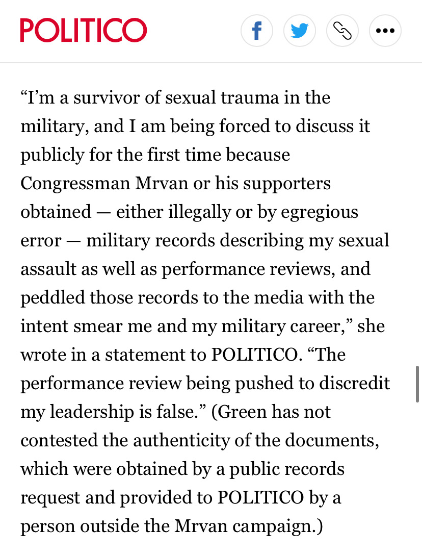 greg_price11's tweet photo. Democrat lowlife @RepMrvan had one of his allies illegally leak his Republican opponent @JenRuthGreen's military records to Politico reporter @adamwren hoping there would be dirt.

Instead, they outed that she is a survivor of sexual assault by an Iraqi soldier. https://t.co/PIMwy1mP3J