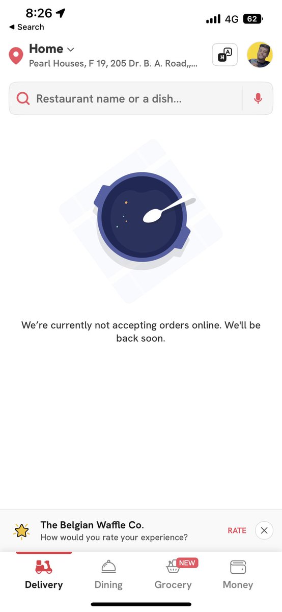 RebelloMacaulay's tweet photo. Zomato crashes on a Sunday evening #zomato #mumbai https://t.co/W1rm2Xv9lc
