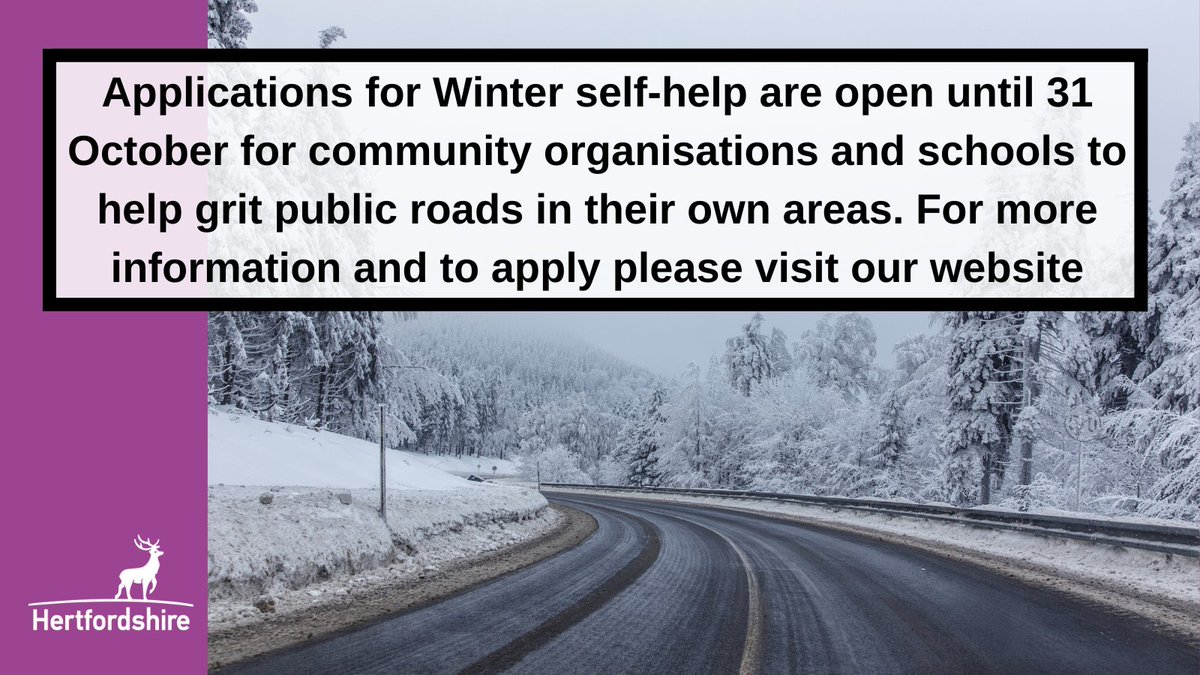 Herts_Highways's tweet image. Applications for Winter self-help are open until 31 October for community organisations and schools to help grit public roads in their own areas. For more information and to apply please visit our website: bit.ly/3SmT3Yy #WeatherReady