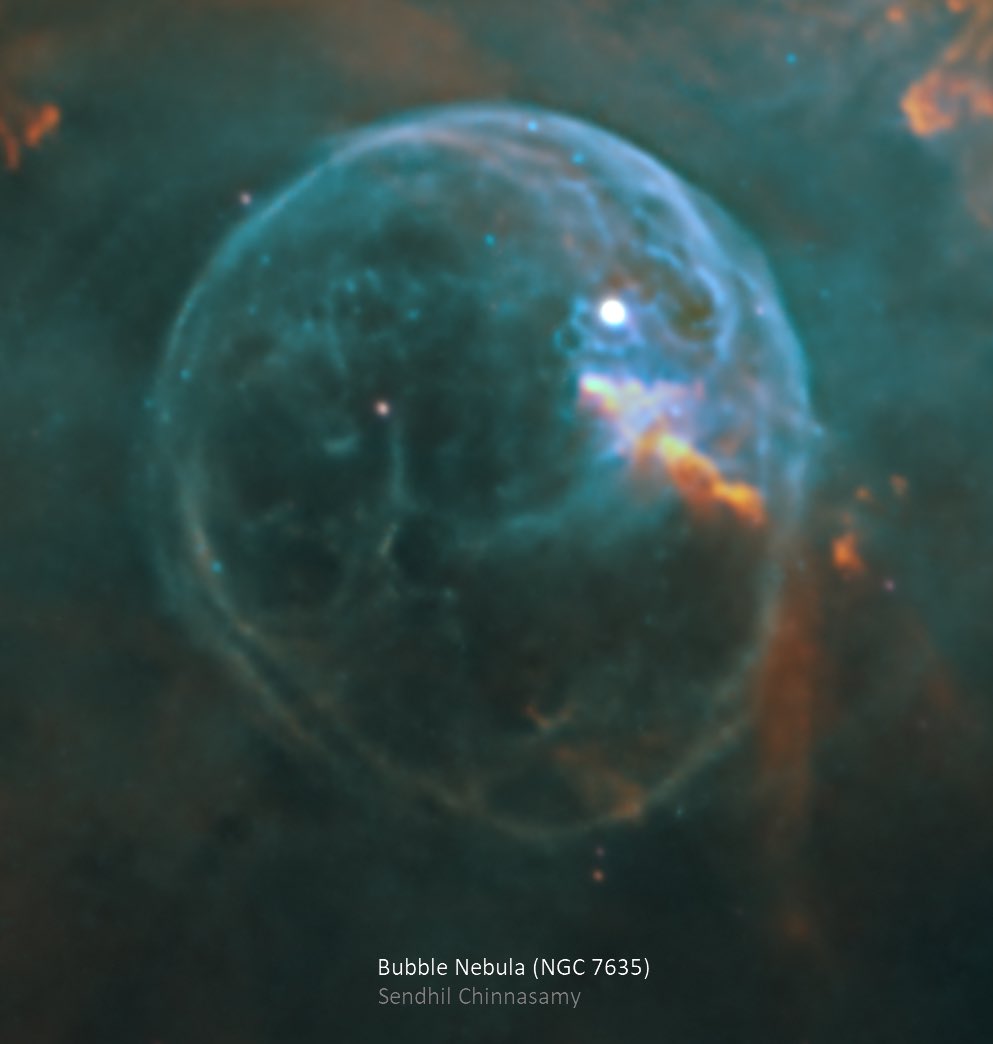 Bubble nebula in Cassiopiea constellation

Total exposure: ~27 hours 
S2 - 10h
Ha - 8h 25’
O3 - 9h

Edge 11HD (at 2800mm) + QHY268M + Litecrawler + Chroma 2” SHO filters + AP900 mount.

<a href="/QHYCCD/">QHYCCD</a> 
#Astrophotography