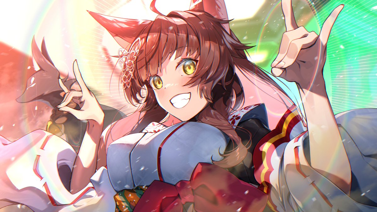 1girl animal ears fox shadow puppet fox ears japanese clothes yellow eyes smile  illustration images