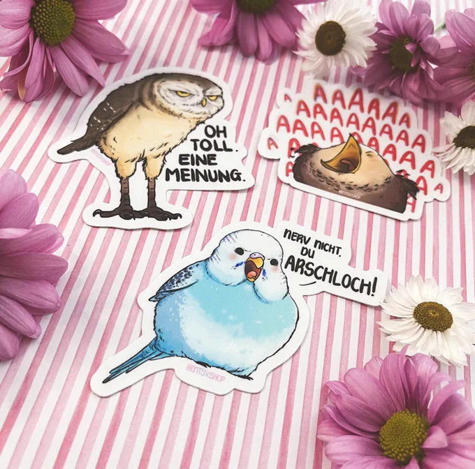 Drei Sticker der Meckervögel