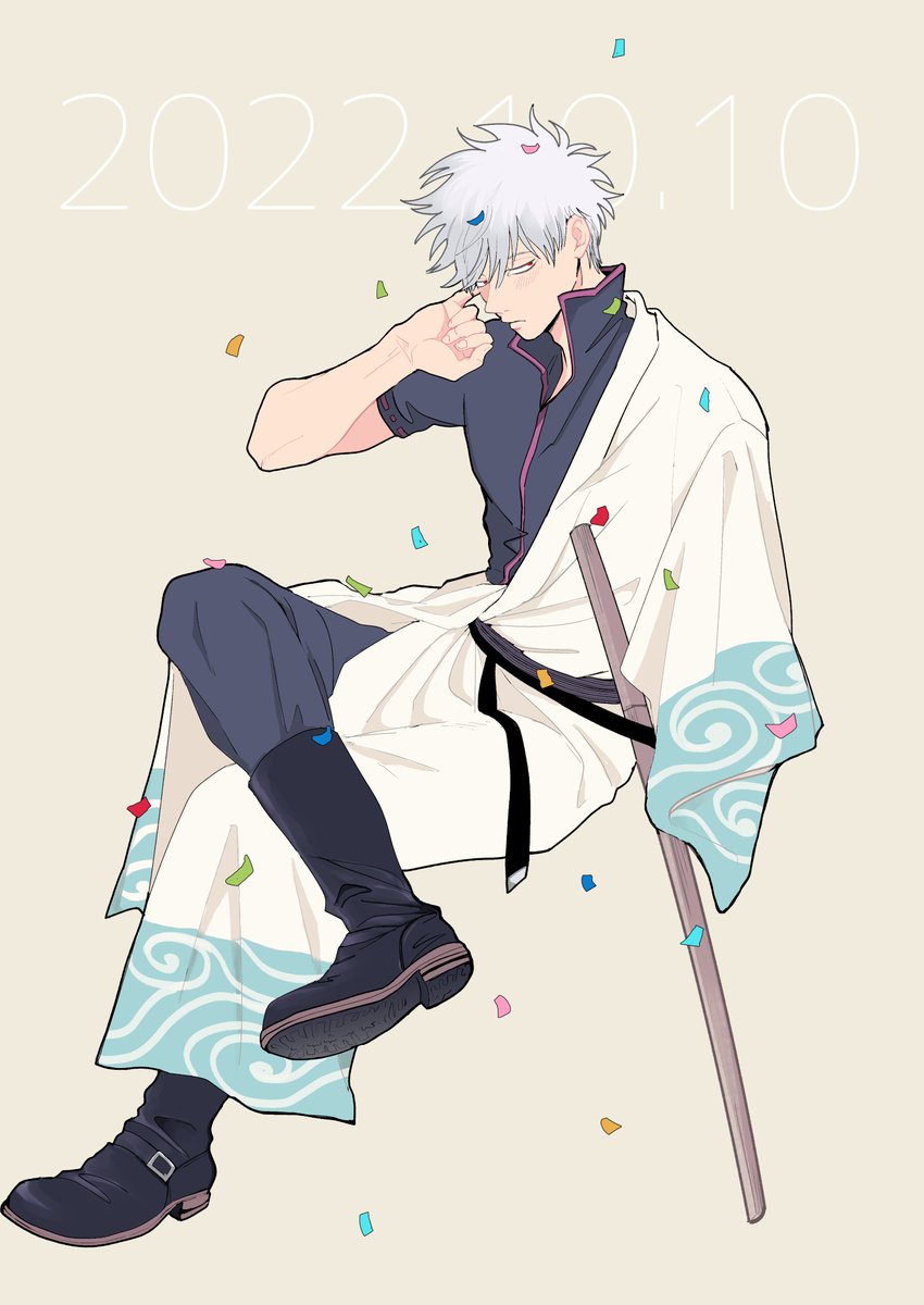 sakata gintoki 1boy male focus solo boots japanese clothes short sleeves sword  illustration images
