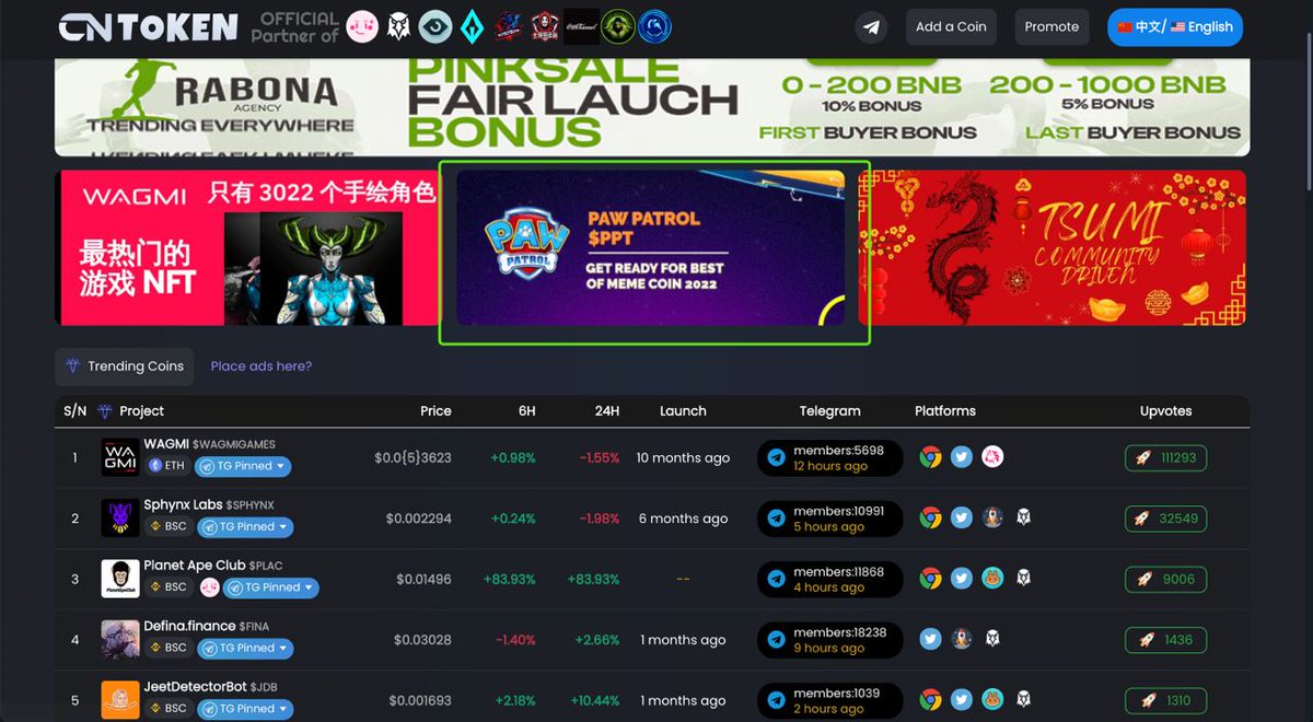 Paw Patrol has advertised on cntoken.io, the first and largest Chinacentric coin index!! 🔥🔥🔥🚀🚀🚀🚀

And congrats to $PPT for reaching 3x Soft Cap

More community, PPT grows stronger 🔥🔥🔥🔥🔥

Remember to vote for us:
cntoken.io/coin/26834