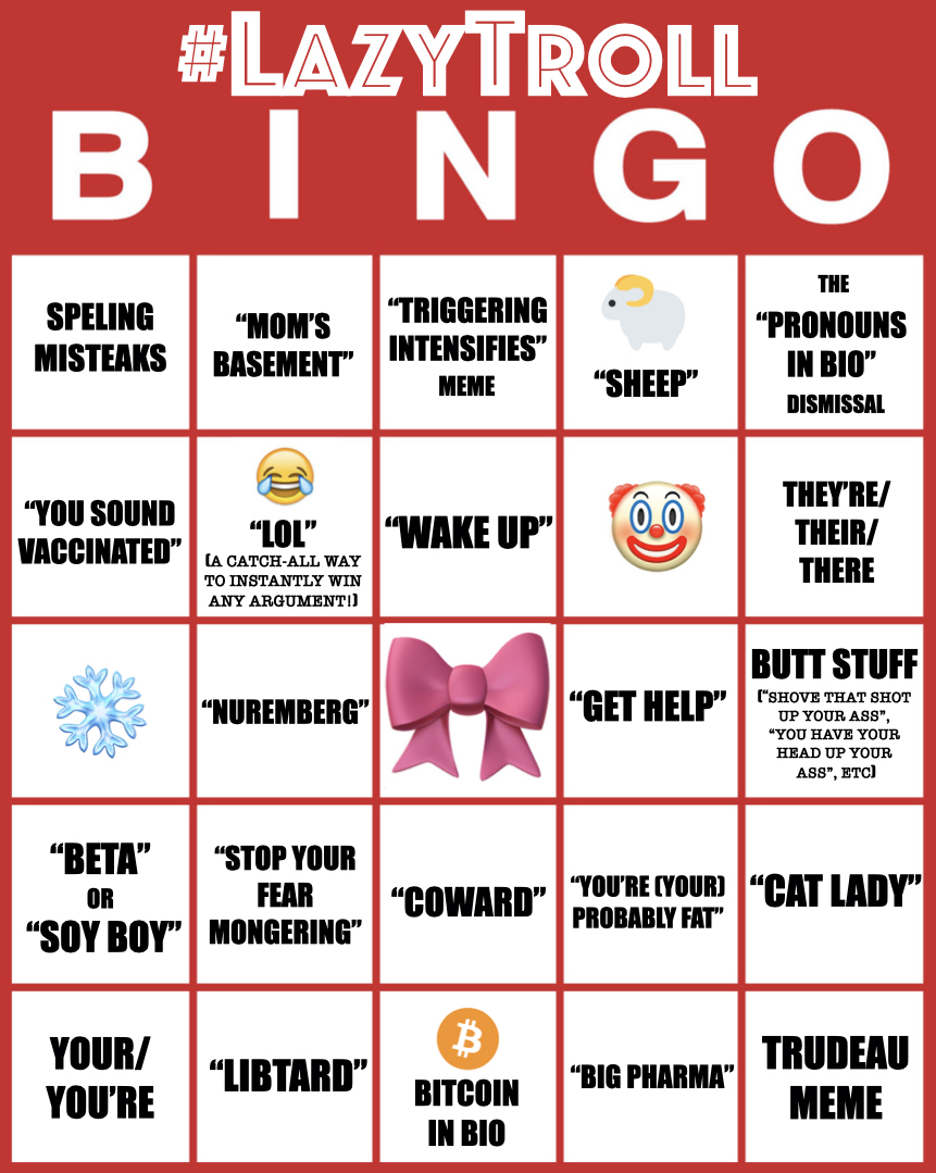 TrollAdopt's tweet photo. Happy #SundayFunday, my beautiful lil #Muffins! Who wants to play a #Game?
Behold: #LazyTrollBingo! Perfect for daily interactions with all the #Unoriginal lil #TrollBabies hopping all over your #Tweets.
(#LegalDisclaimer: Do not use as a #DrinkingGame, bébés... 💀) https://t.co/Yiuw2oFvFS