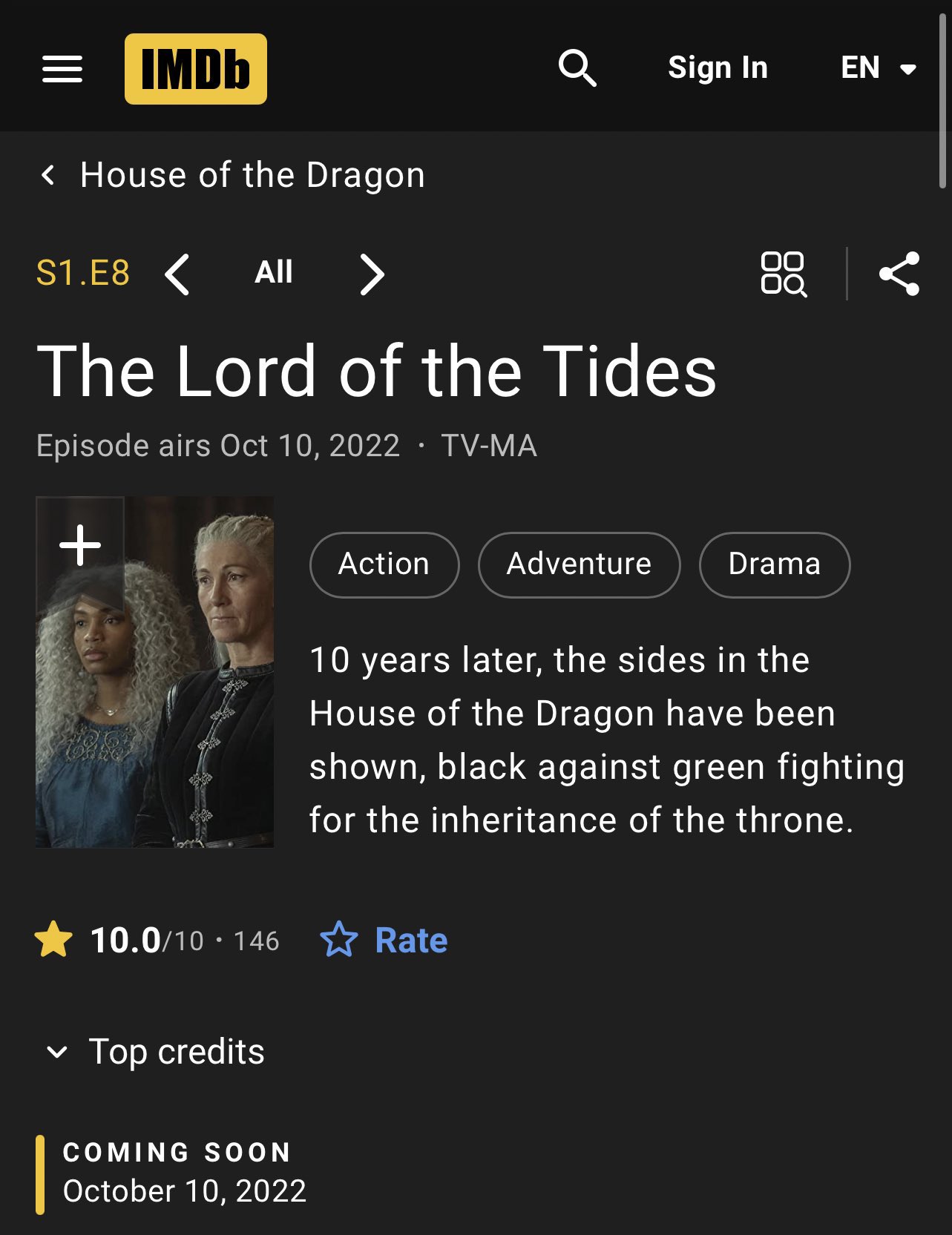 Dream of ASOIAF on X: Episode 8 of #HouseOfTheDragon now has a perfect  score of 10/10 on IMDb, holy shit tonight's episode is going to be insane   / X