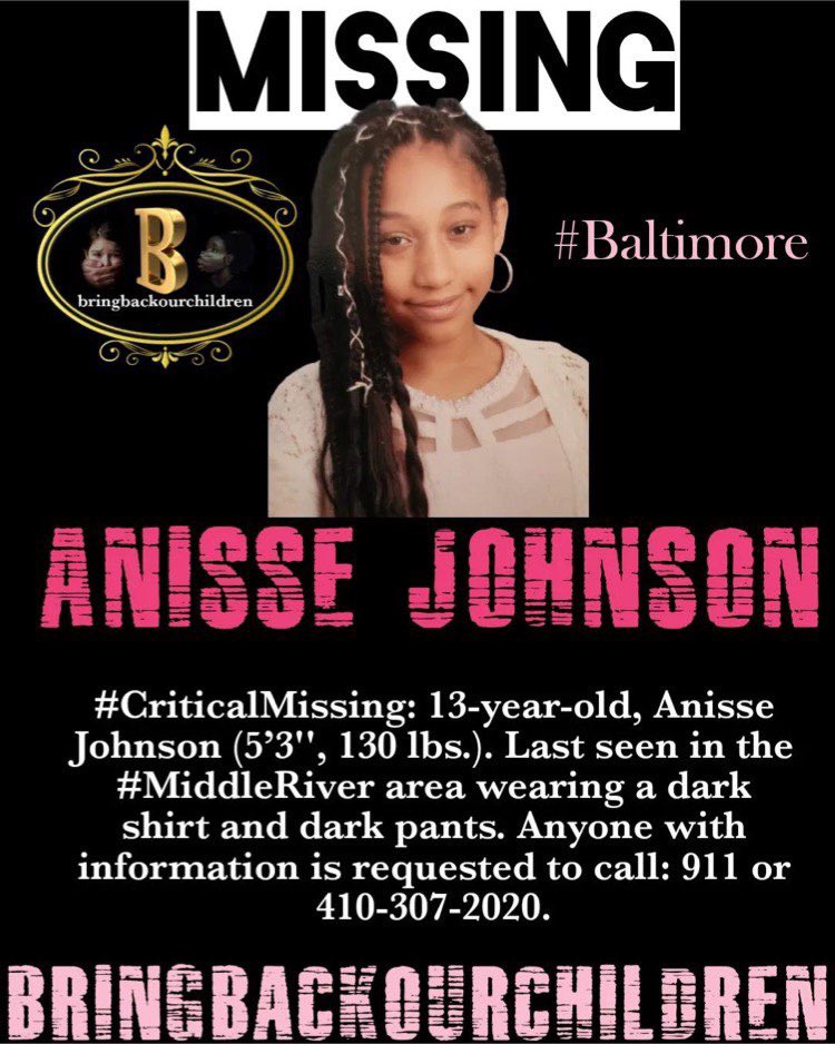#share #Repost 
#CriticalMissing: 13-year-old, #AnisseJohnson (5’3'', 130 lbs.). Last seen in the #MiddleRiver area wearing a dark shirt and dark pants. Anyone with information is requested to call: 911 or 410-307-2020.
#Baltimore #Maryland #missing #MISSINGCHILD #MissingChild